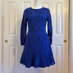 J. Crew Bright Ocean Blue Long Sleeve Floral Lace Dress with Flounce Hem Size 4